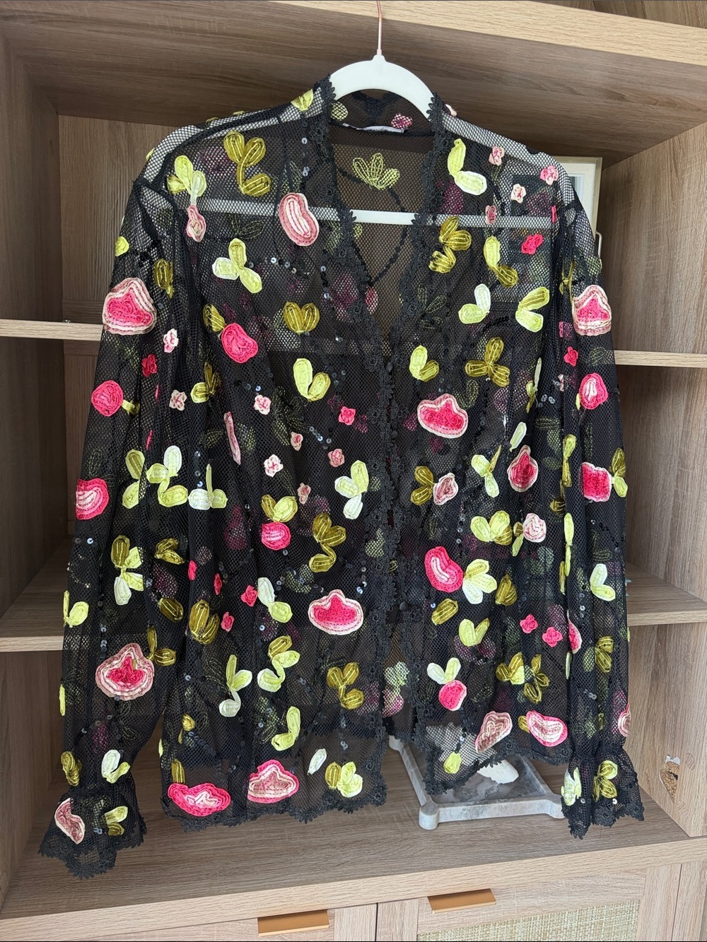 JS Boutique Black Sheer Mesh Blouse with Pink & Lime Floral Appliqué